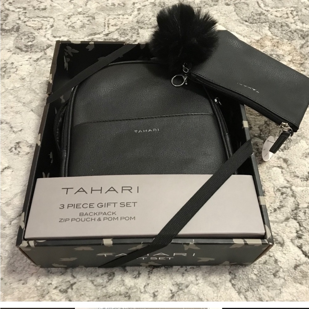 NWT Tahari 3 piece gift set Vegan Backpack, Zip Pouch and PomPom. 🥰